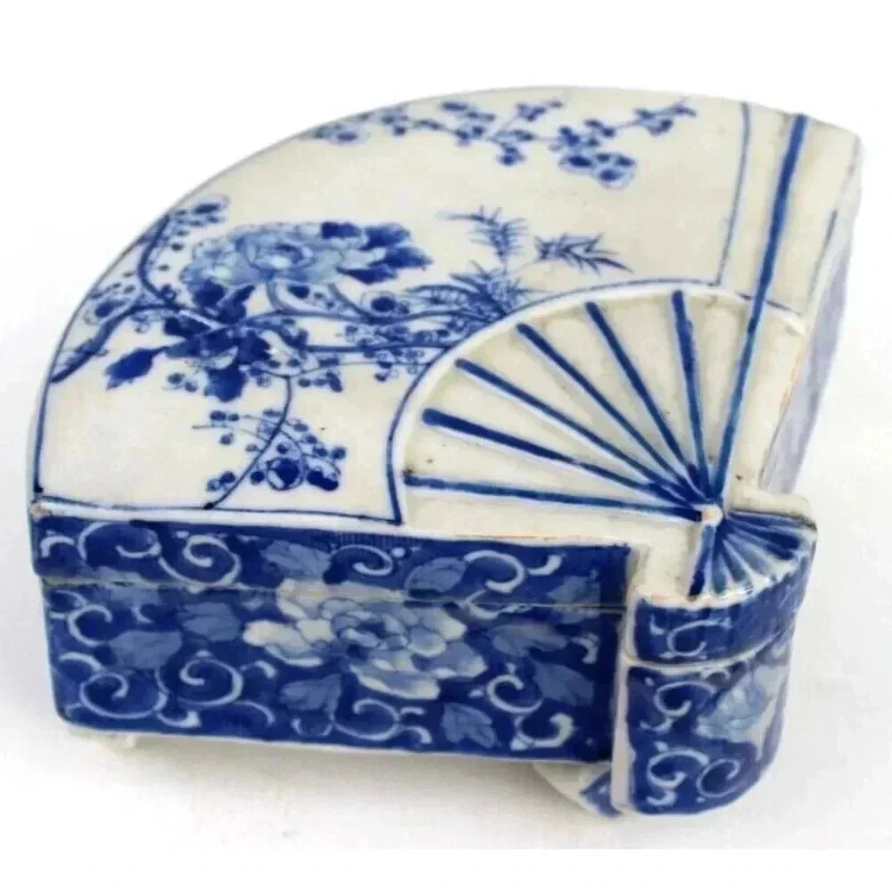 Vintage Antique Porcelain Asian Japanese Asahi Fan Trinket Footed Jewelry Box